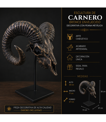 Escultura de Carnero Bronce Envejecido Decorativa con Peana Metálica